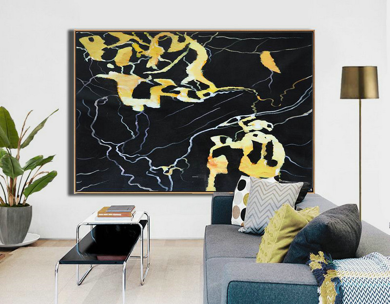 Extra Large 72" Acrylic Painting,Hand Painted Oversized Horizontal Abstract Marble Art On Canvas,Original Art Acrylic Painting,Earthy Yellow ,Black,White.etc